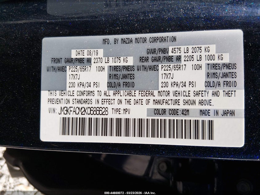 2019 MAZDA CX-5 SPORT UTILITY VEHICLE 2.5L I-4 DI, DOHC, VVT, 187HP