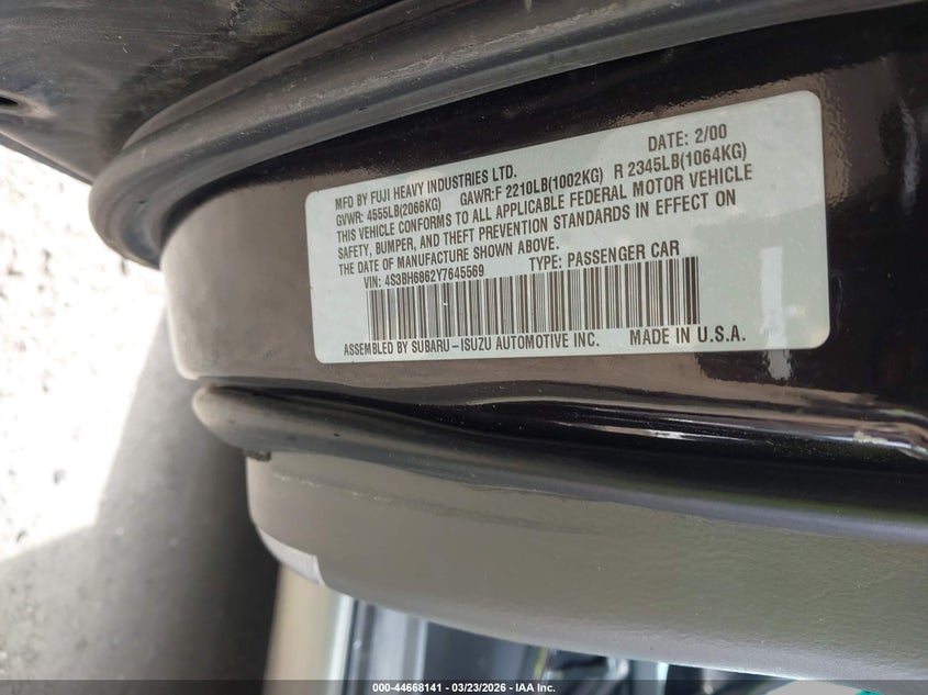 2000 Subaru Outback Limited VIN: 4S3BH6862Y7645569 Lot: 44668141