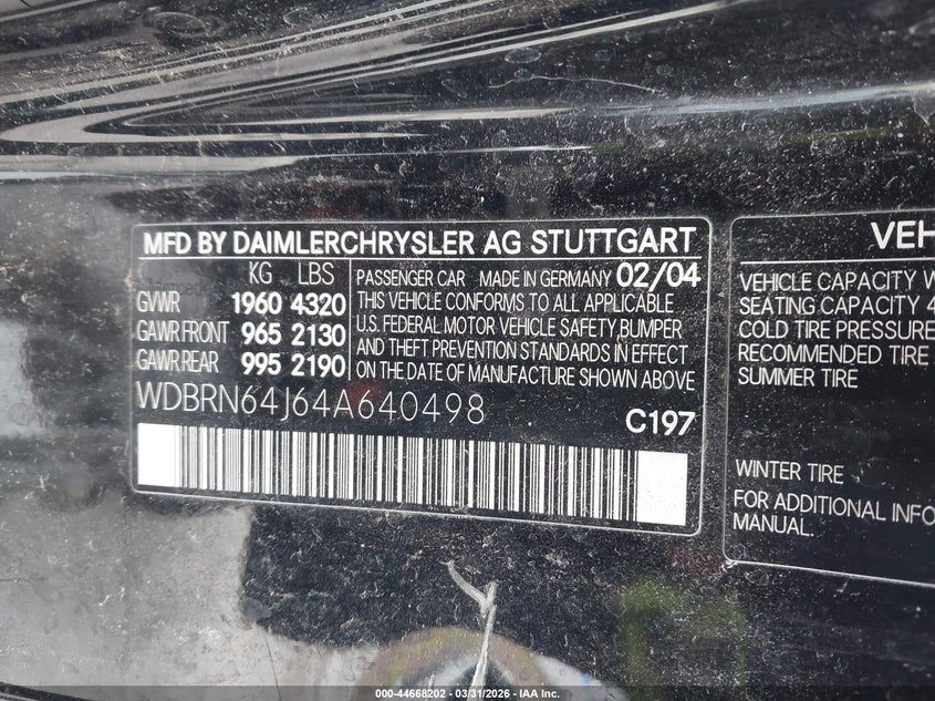2004 Mercedes-Benz C 320 Sport VIN: WDBRN64J64A640498 Lot: 44668202