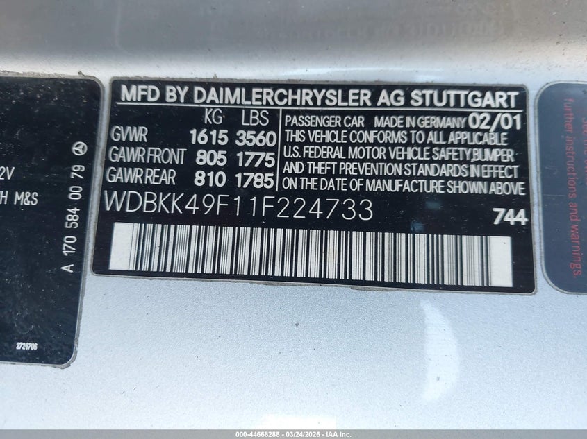 2001 Mercedes-Benz Slk 230 Kompressor VIN: WDBKK49F11F224733 Lot: 44668288