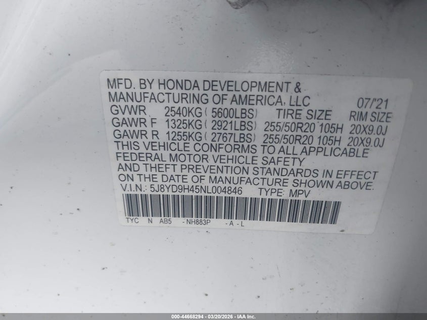 2022 Acura Mdx Technology Package VIN: 5J8YD9H45NL004846 Lot: 44668294