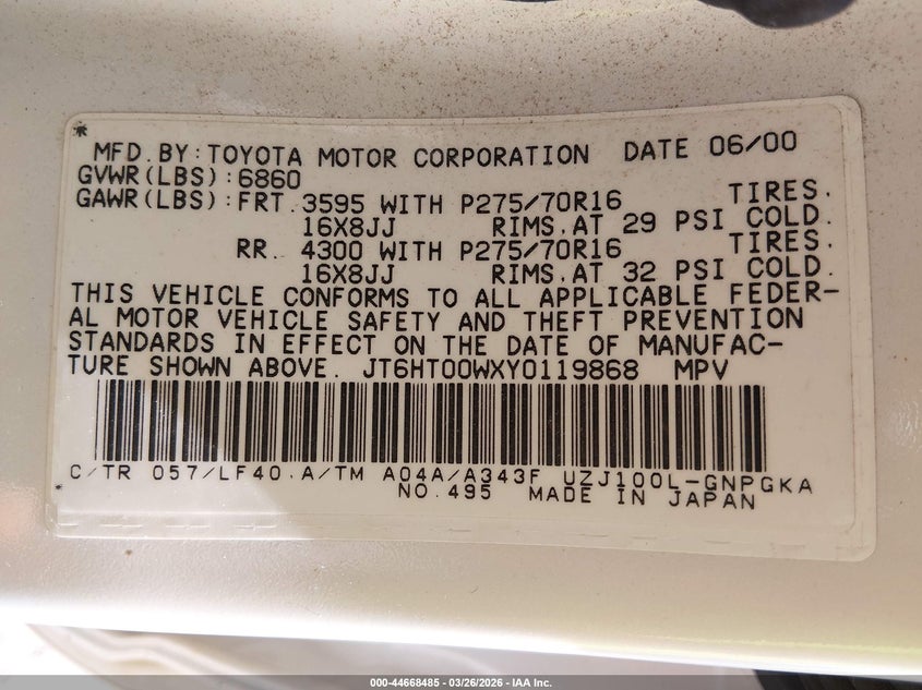 2000 Lexus Lx 470 VIN: JT6HT00WXY0119868 Lot: 44668485