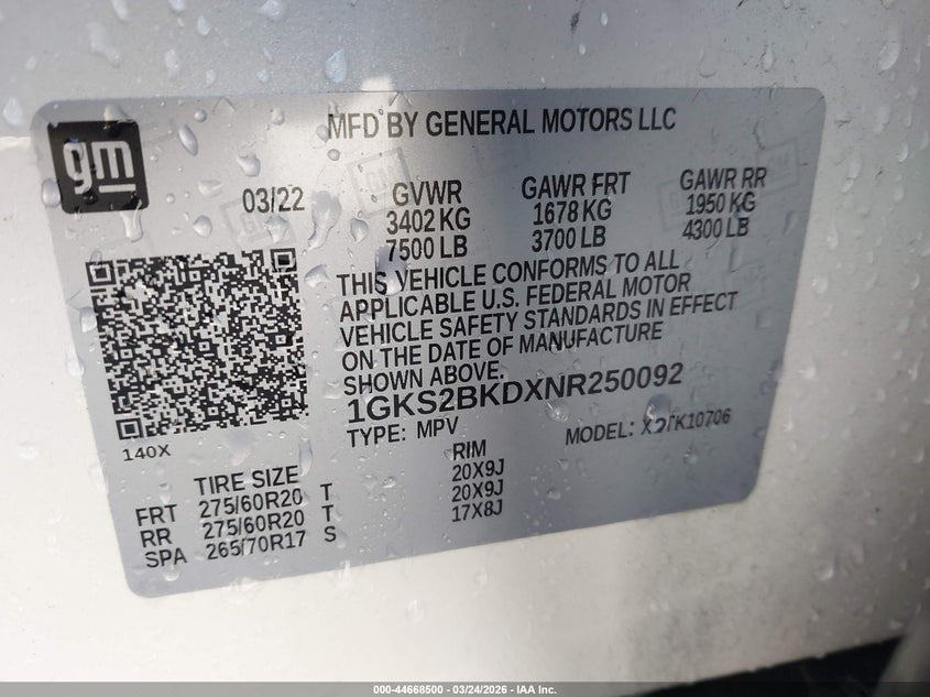 2022 GMC Yukon 4Wd Slt VIN: 1GKS2BKDXNR250092 Lot: 44668500