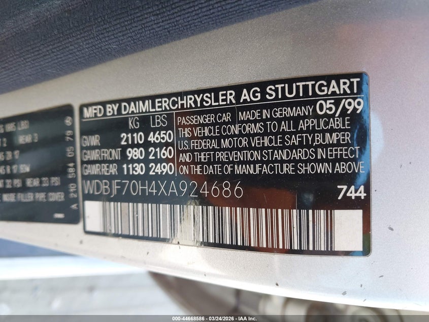 1999 Mercedes-Benz E 430 VIN: WDBJF70H4XA924686 Lot: 44668586