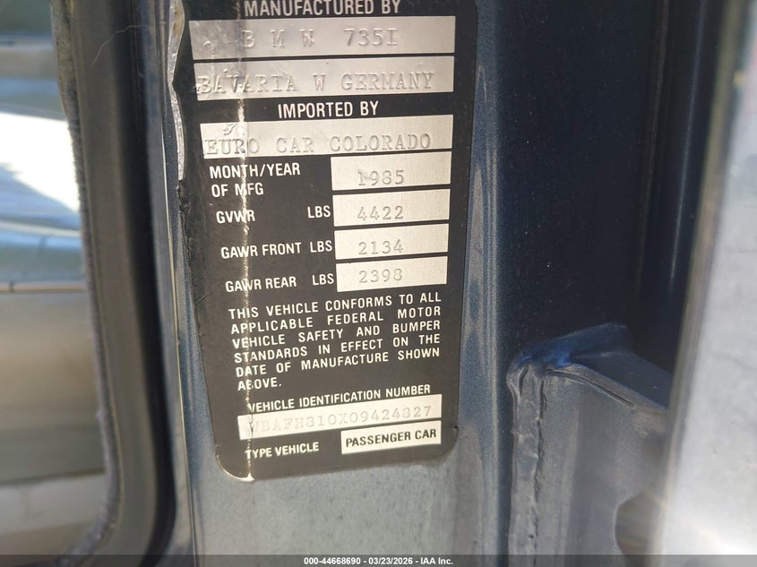 1985 BMW 735I VIN: WBAFH810X09424827 Lot: 44668690