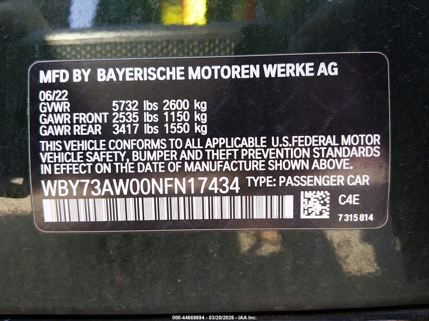 2022 BMW I4 Edrive40 VIN: WBY73AW00NFN17434 Lot: 44668694