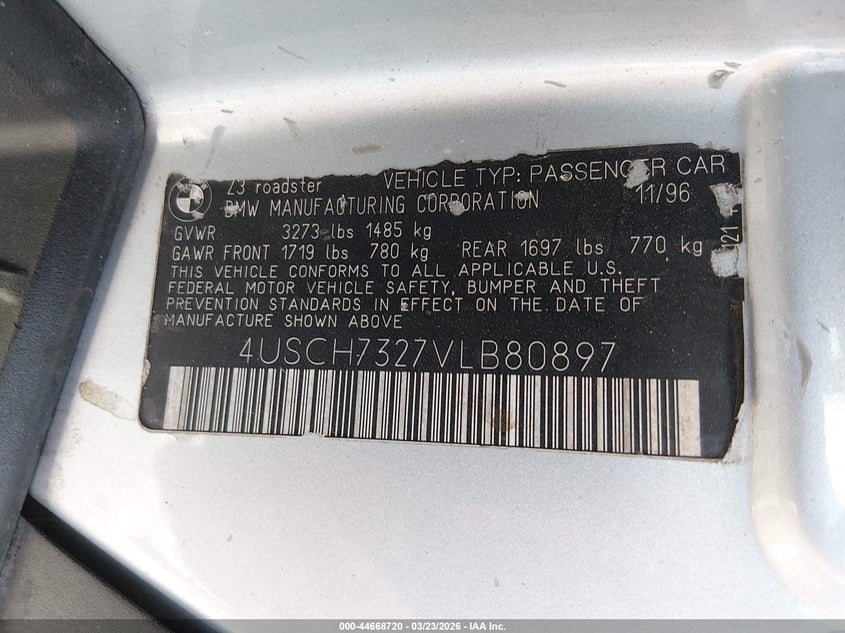 1997 BMW Z3 1.9L Roadster VIN: 4USCH7327VLB80897 Lot: 44668720