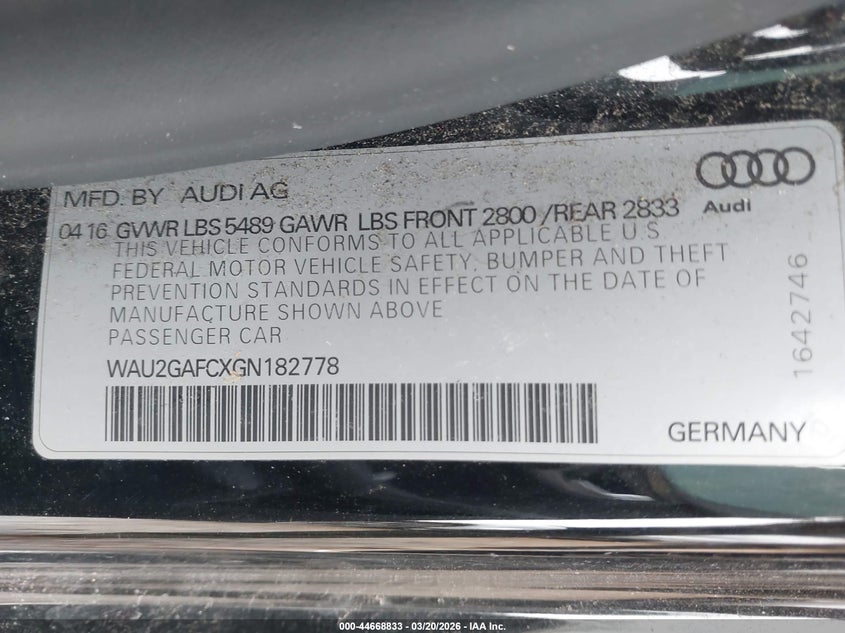 2016 Audi A7 3.0T Premium Plus VIN: WAU2GAFCXGN182778 Lot: 44668833