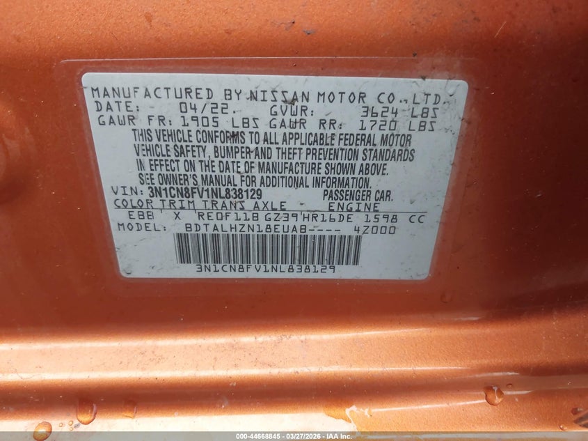 2022 Nissan Versa 1.6 Sr Xtronic Cvt VIN: 3N1CN8FV1NL838129 Lot: 44668845