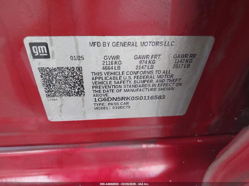 2025 Cadillac Ct5 Premium Luxury Rwd VIN: 1G6DN5RK0S0116583 Lot: 44668850