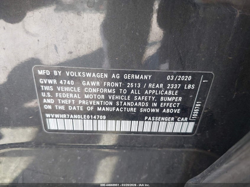 2020 Volkswagen Arteon 2.0T Sel R-Line VIN: WVWHR7AN0LE014709 Lot: 44668951