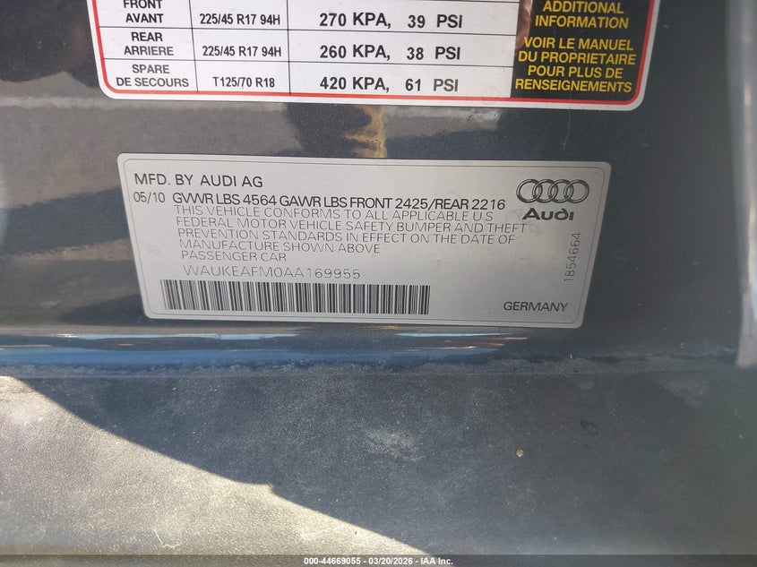 2010 Audi A3 2.0T Premium VIN: WAUKEAFM0AA169955 Lot: 44669055
