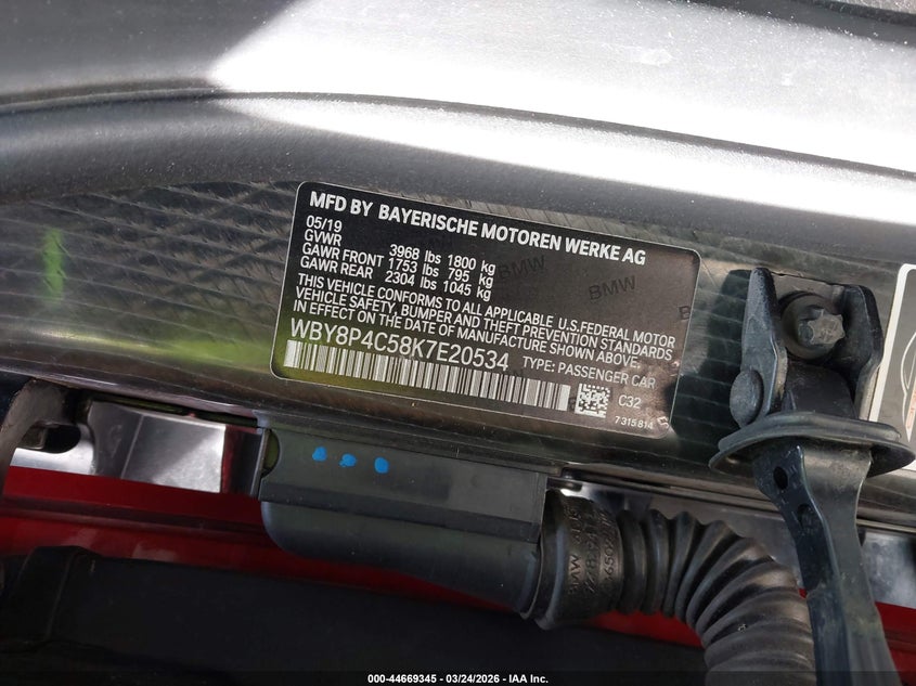 2019 BMW I3 120Ah W/Range Extender VIN: WBY8P4C58K7E20534 Lot: 44669345