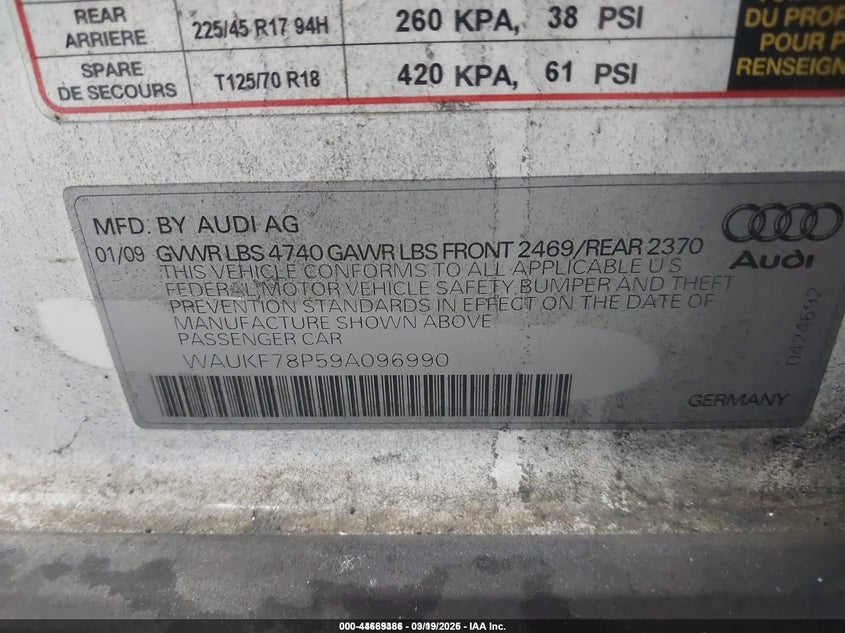 2009 Audi A3 2.0T VIN: WAUKF78P59A096990 Lot: 44669386