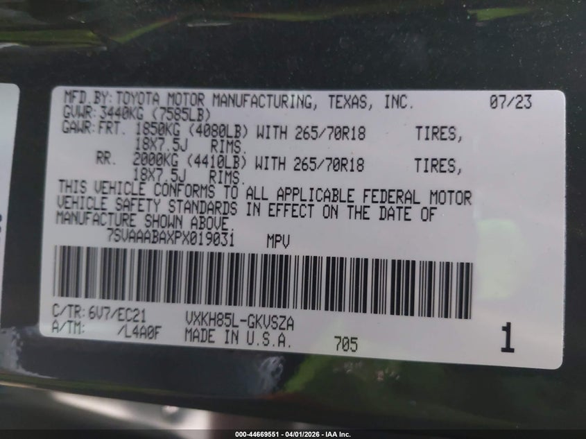 VIN: 7SVAAABAXPX019031 2023 TOYOTA SEQUOIA SR5