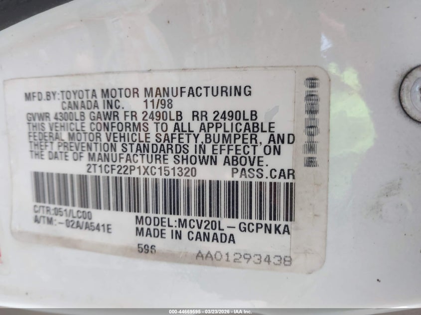 1999 Toyota Camry Solara Sle VIN: 2T1CF22P1XC151320 Lot: 44669595