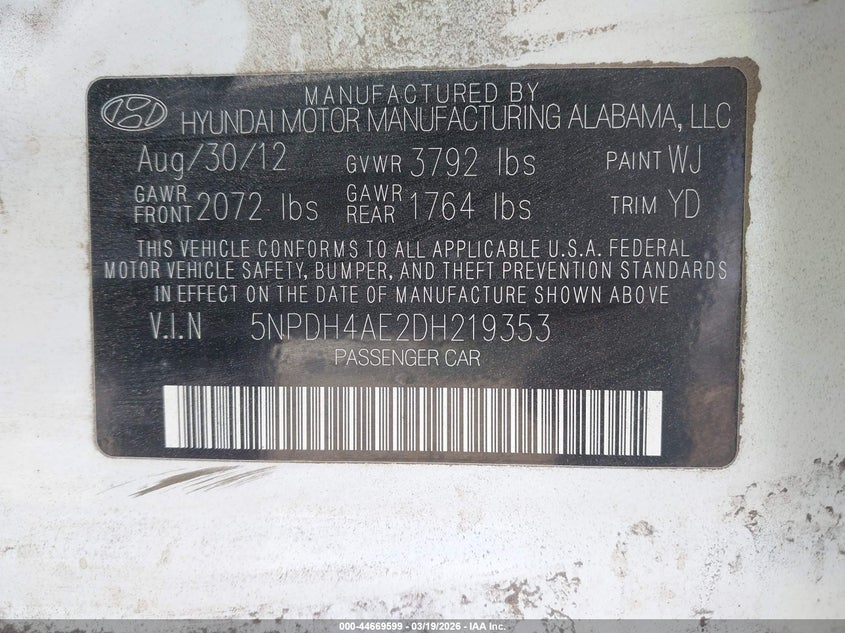 2013 Hyundai Elantra Gls/Limited VIN: 5NPDH4AE2DH219353 Lot: 44669599