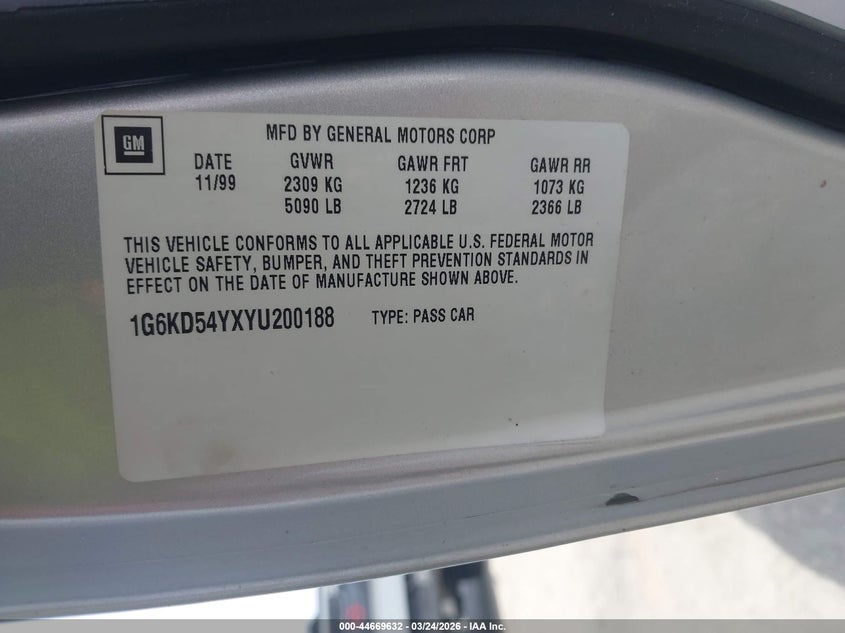 2000 Cadillac Deville Standard VIN: 1G6KD54YXYU200188 Lot: 44669632