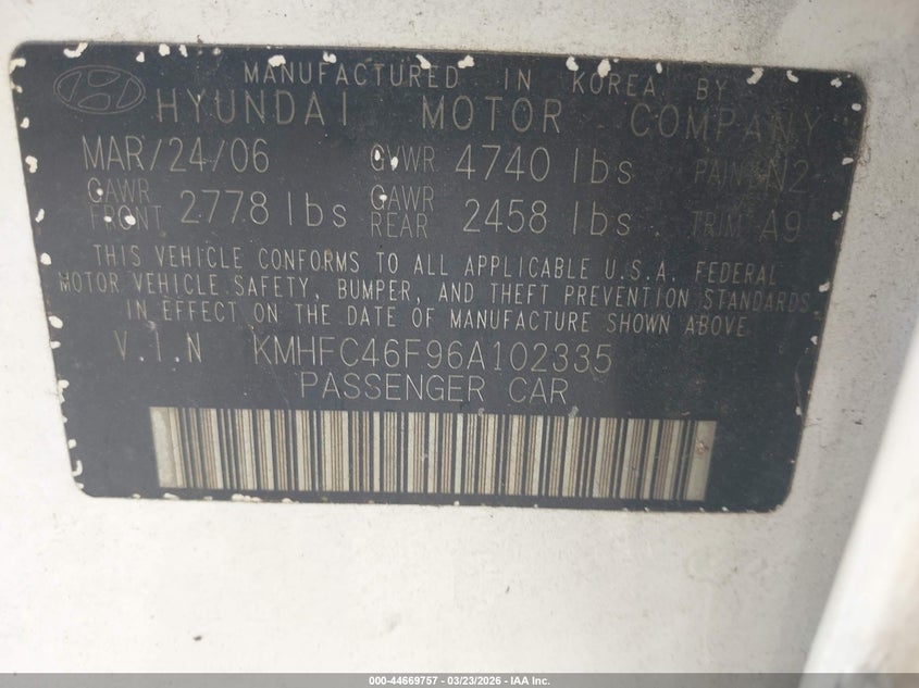 2006 Hyundai Azera Limited/Se VIN: KMHFC46F96A102335 Lot: 44669757