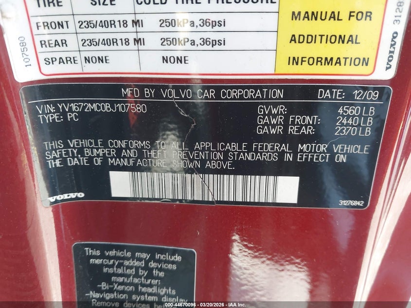 2011 Volvo C70 T5 VIN: YV1672MC0BJ107580 Lot: 44670096