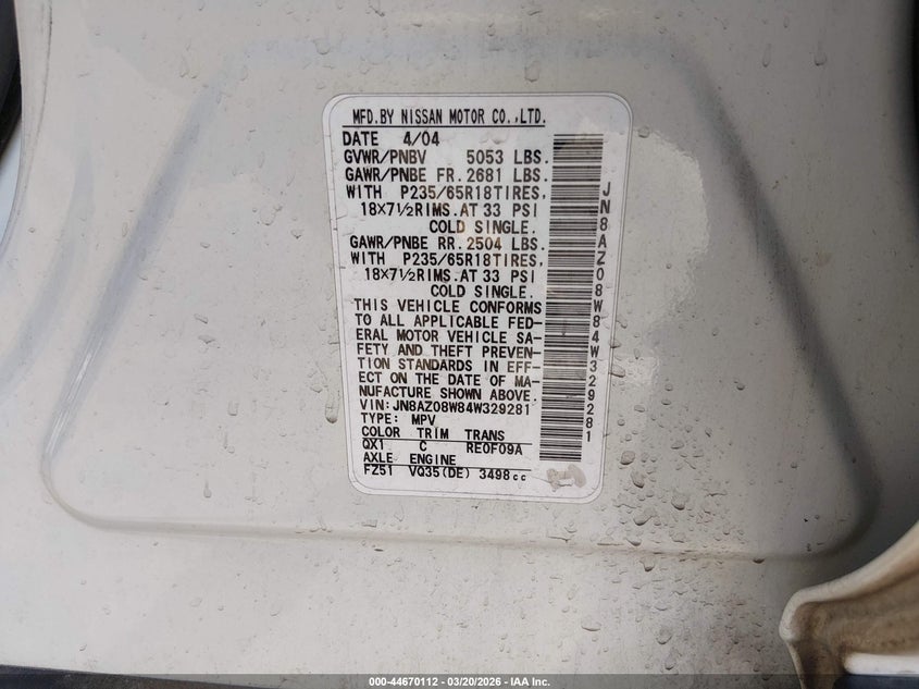 2004 Nissan Murano Sl VIN: JN8AZ08W84W329281 Lot: 44670112