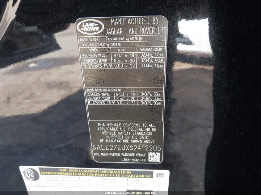 2025 Land Rover Defender 110 P400 X-Dynamic Se VIN: SALE27EUXS2412205 Lot: 44670170