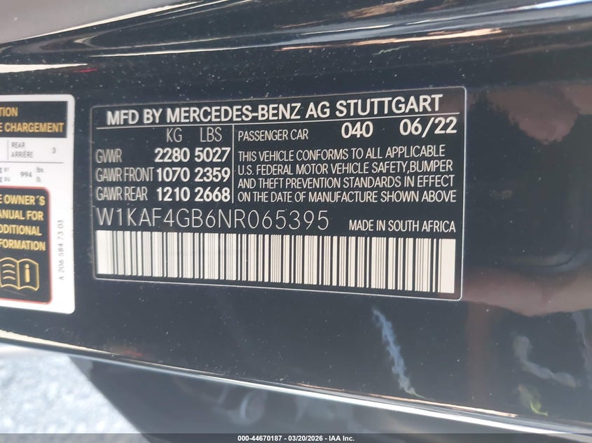 2022 Mercedes-Benz C 300 Sedan VIN: W1KAF4GB6NR065395 Lot: 44670187