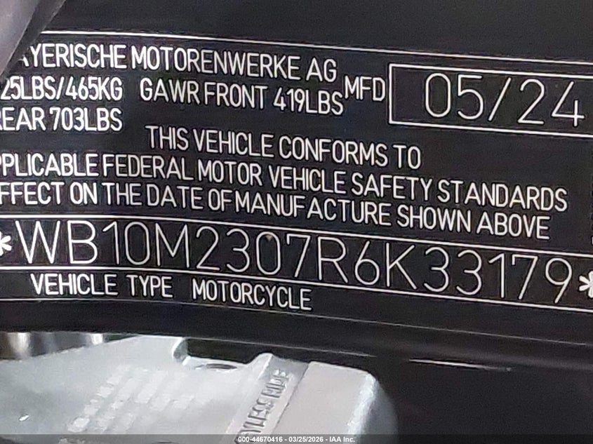 2024 BMW R 1300 Gs VIN: WB10M2307R6K33179 Lot: 44670416