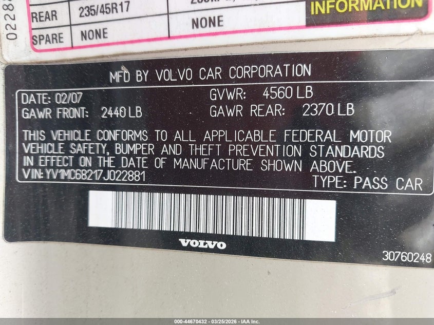 2007 Volvo C70 T5 VIN: YV1MC68217J022881 Lot: 44670432