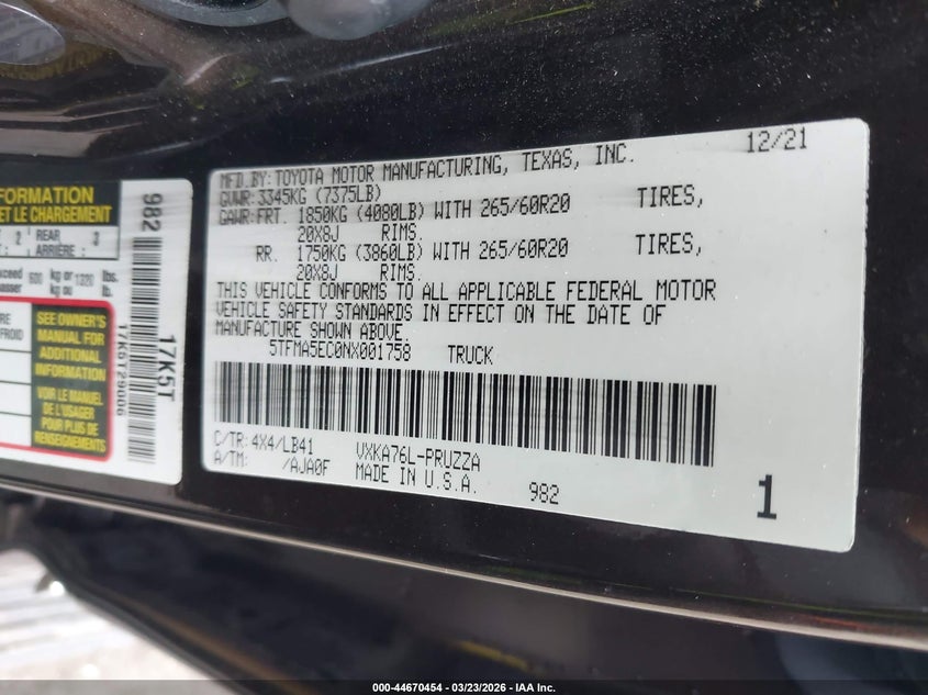 2022 Toyota Tundra VIN: 5TFMA5EC0NX001758 Lot: 44670454