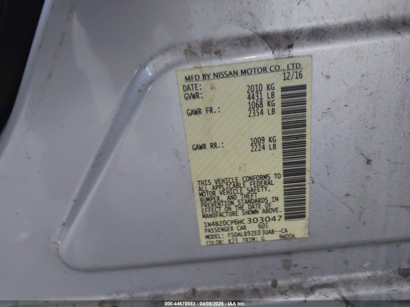 2017 Nissan Leaf S VIN: 1N4BZ0CP6HC303047 Lot: 44670553