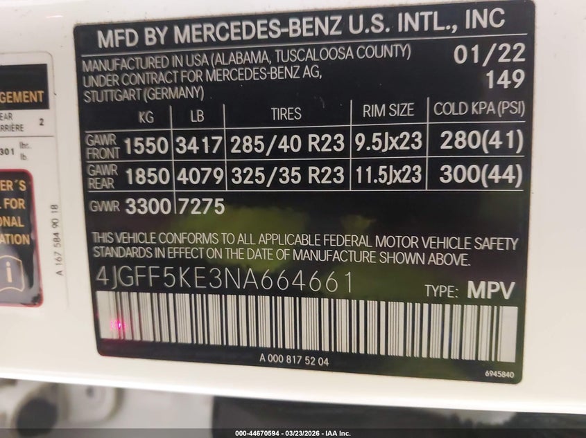 2022 Mercedes-Benz Gls 450 4Matic VIN: 4JGFF5KE3NA664661 Lot: 44670594