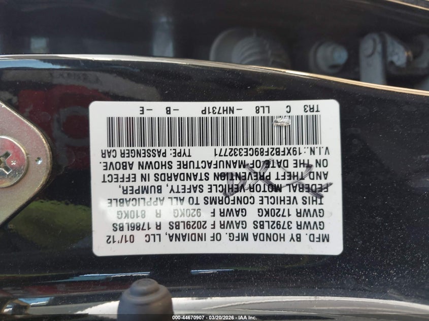 2012 Honda Civic 1.8 Ex black Lot 111044670907 Vin 19XFB2F89CE332771