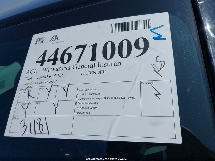 2024 Land Rover Defender 110 P400 S VIN: SALEJ7EU6R2288267 Lot: 44671009