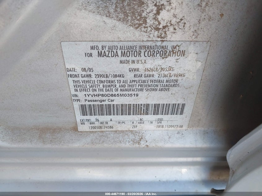 2006 Mazda Mazda6 I Grand Sport VIN: 1YVHP80D865M03519 Lot: 44671190