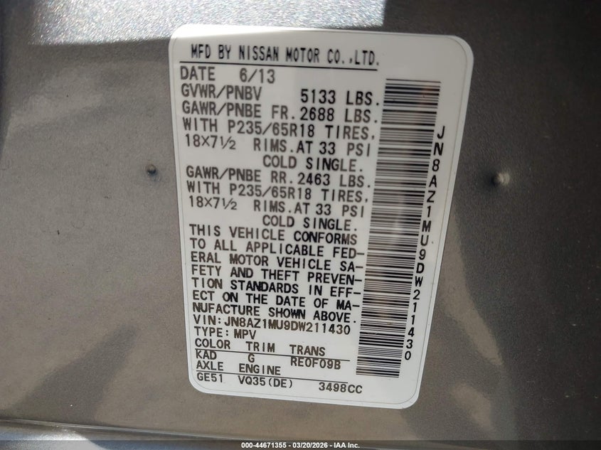 2013 Nissan Murano S VIN: JN8AZ1MU9DW211430 Lot: 44671355