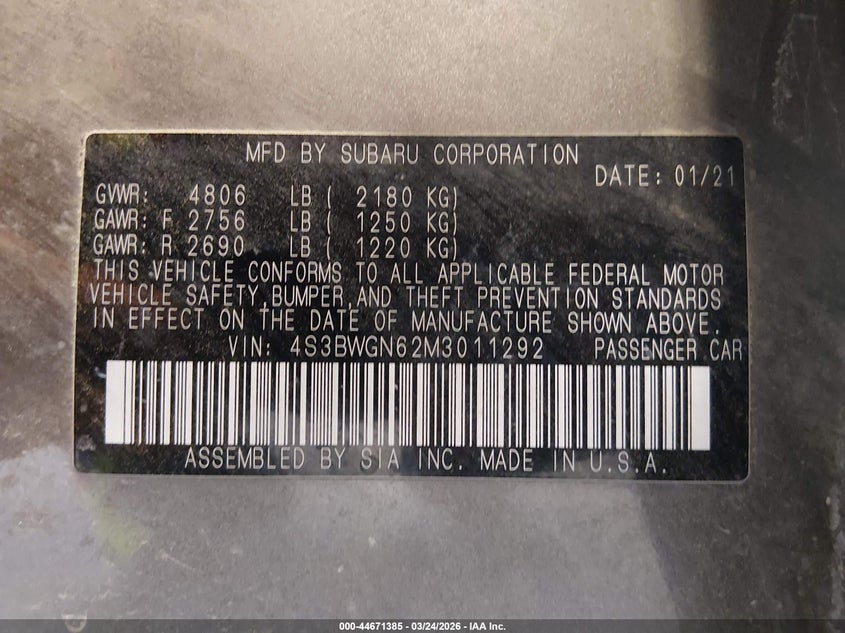 2021 Subaru Legacy Limited Xt VIN: 4S3BWGN62M3011292 Lot: 44671385