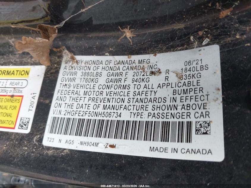 HONDA CIVIC 2022 VIN 2HGFE2F50NH506734