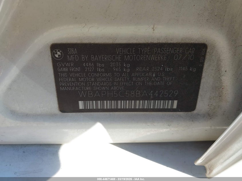 2011 BMW 328I VIN: WBAPH5C58BA442529 Lot: 44671469