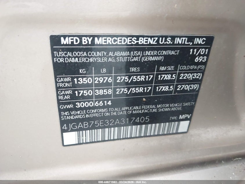 2002 Mercedes-Benz Ml 500 VIN: 4JGAB75E32A317405 Lot: 44671563