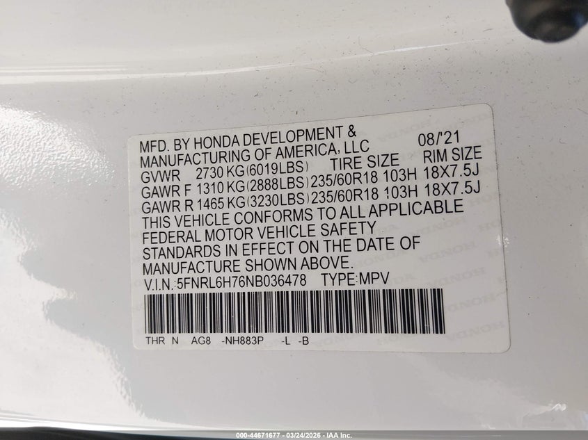 2022 Honda Odyssey Ex-L VIN: 5FNRL6H76NB036478 Lot: 44671677