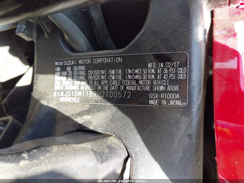 2017 Suzuki Gsx-R1000 VIN: JS1DM11B9H2100572 Lot: 44671759