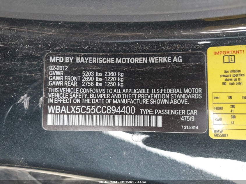 2012 BMW 650I xDrive VIN: WBALX5C55CC894400 Lot: 44671864