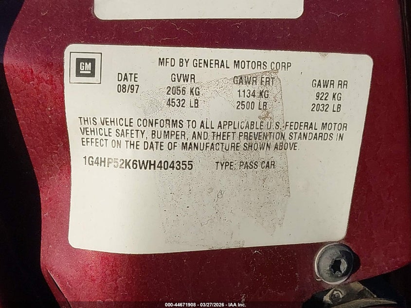 1998 Buick Lesabre Custom VIN: 1G4HP52K6WH404355 Lot: 44671908