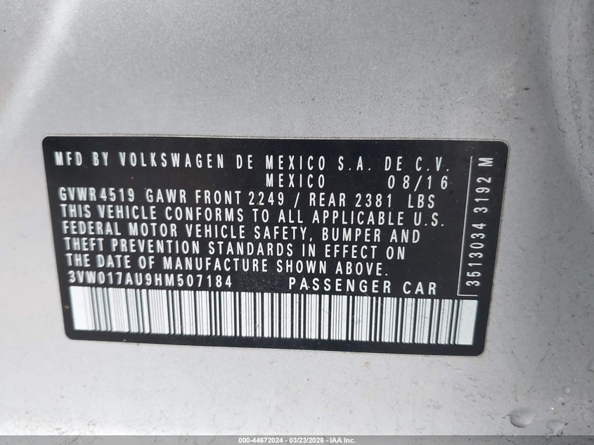 2017 Volkswagen Golf Sportwagen Tsi S VIN: 3VW017AU9HM507186 Lot: 44672024