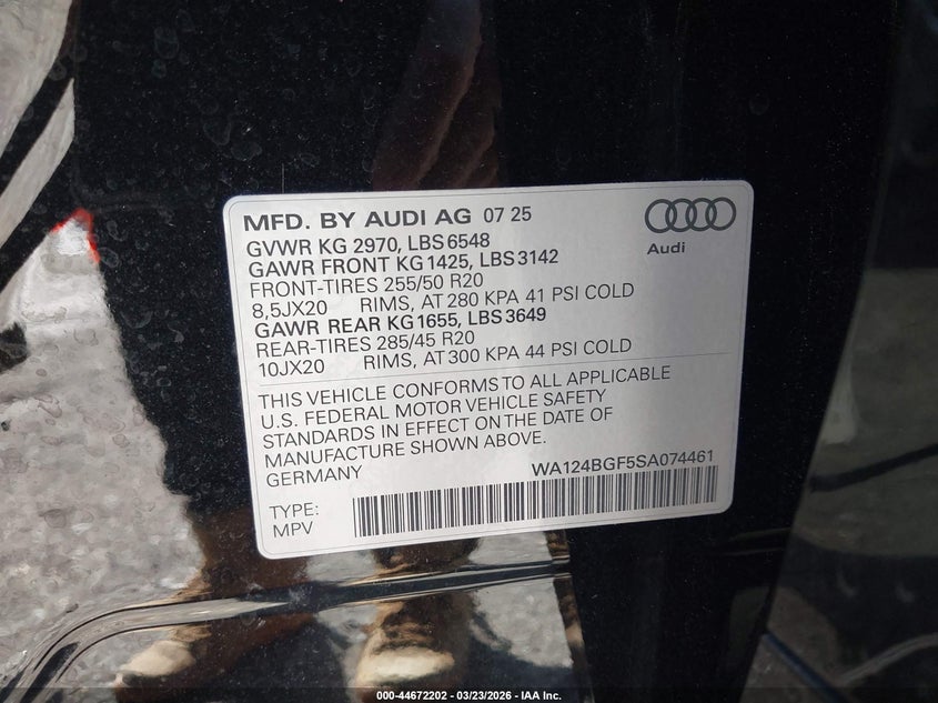 2025 Audi Q6 E-Tron Premium Plus Quattro VIN: WA124BGF5SA074461 Lot: 44672202