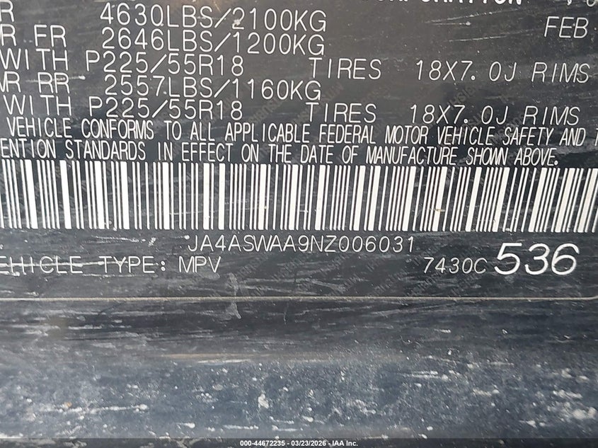 2022 Mitsubishi Eclipse Cross Se/Se Special Edition/Sel/Sel Special Edition VIN: JA4ASWAA9NZ006031 Lot: 44672235