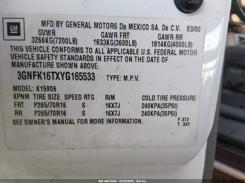 2000 Chevrolet Suburban 1500 Ls VIN: 3GNFK16TXYG165533 Lot: 44672402