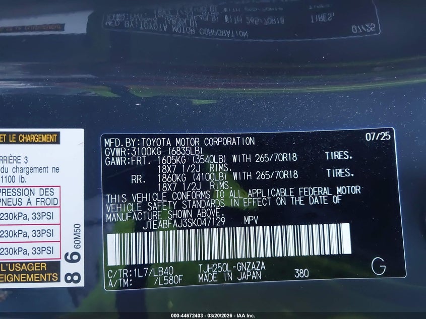 2025 Toyota Land Cruiser VIN: JTEABFAJ3SK047129 Lot: 44672403