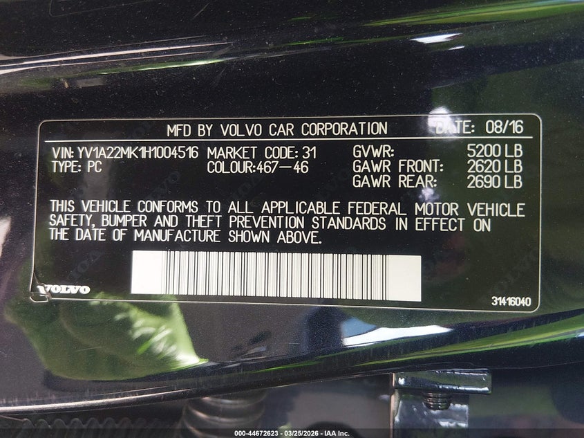 2017 Volvo S90 T6 Momentum VIN: YV1A22MK1H1004516 Lot: 44672623